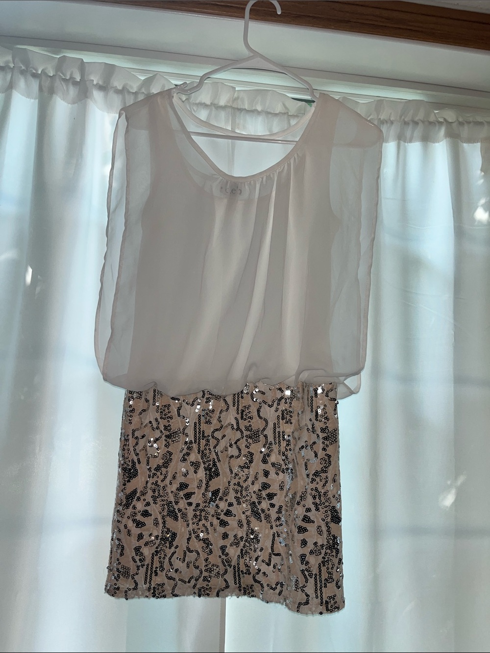 Deb Y2K 2000s White Chiffon Blouson Top with Sequined Mini Skirt
